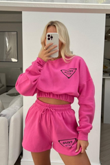 saint lucia pink & black cropped printed sweater short set