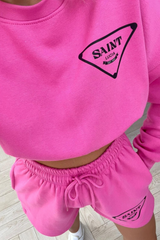 saint lucia pink & black cropped printed sweater short set