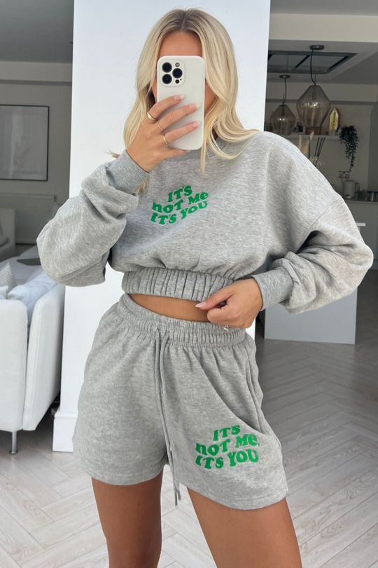 its not me grey & green embropidered cropped sweater short set