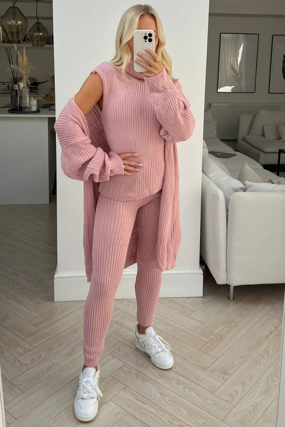 mila pink knitted 3 piece cardigan loungewear set