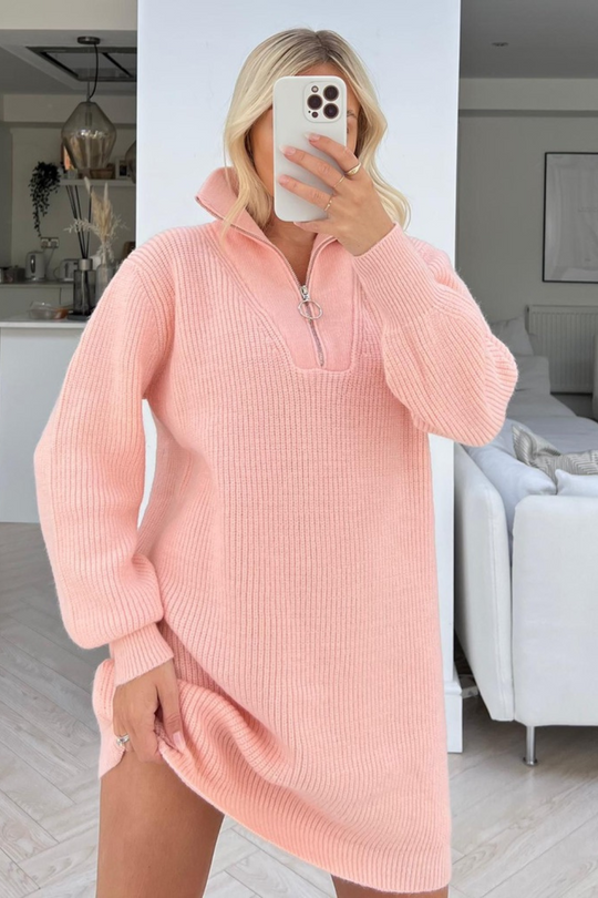 Elouise Powder Pink Zip up High Neck Jumper Dress