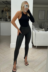 Sara Matt Black High Waisted PU Split Hem Leggings