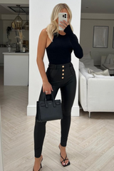 Monica Black Button Detail PU Trousers