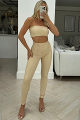 Monica Cream Button Detail PU Trousers