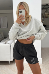 saint love grey embroidered fleece lined short