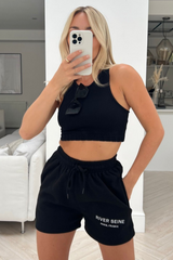 River seine black embroidered fleece lined short