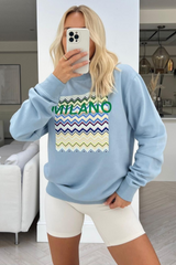 milano blue round neck print embroidered sweater