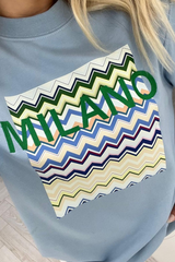 milano blue round neck print embroidered sweater