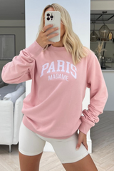 Paris madame pink round neck embroidered sweater