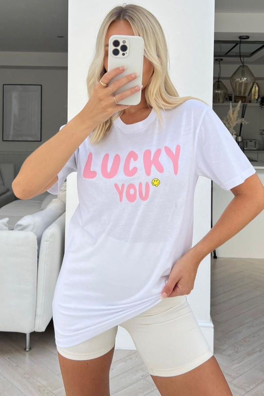 Lucky you white & pink printed tee