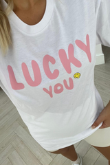 Lucky you white & pink printed tee