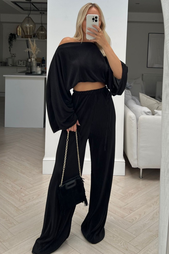 Christie black pleated off shoulder ruched  trouser coord