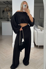 Christie black pleated off shoulder ruched  trouser coord