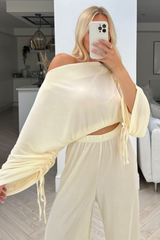 Christie cream pleated off shoulder ruched  trouser coord