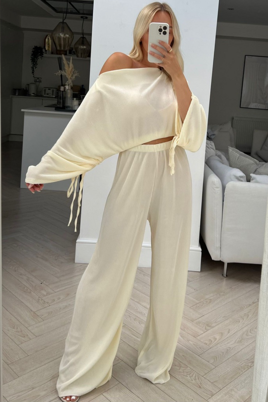 Christie cream pleated off shoulder ruched  trouser coord