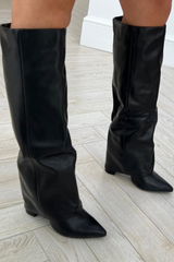 Tammy black knee high fold over heel boot