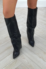Tammy black knee high fold over heel boot