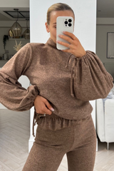 Honey camel high neck tie sleeve flared trouser loungewear set