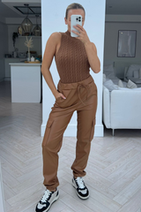 Lilly camel cuffed pu cargo trousers