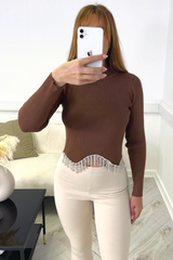 Christina chocolate ribbed diamante tassel top