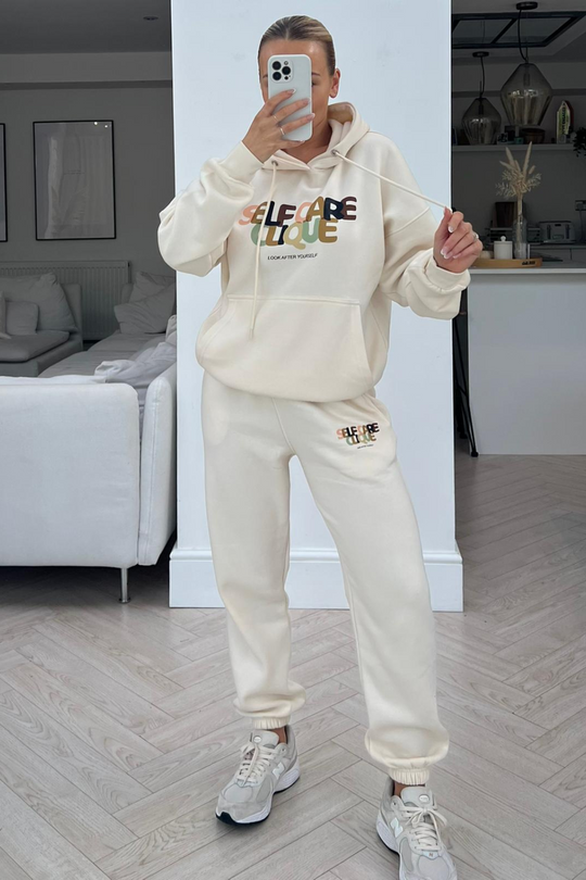 self care ecru printed hooded loungewear set