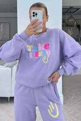 Take it easy lilac embroidered sweater loungewear sets