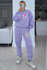 Take it easy lilac embroidered sweater loungewear sets