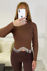 Christina chocolate ribbed diamante tassel top