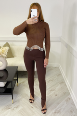 Christina chocolate ribbed diamante tassel top