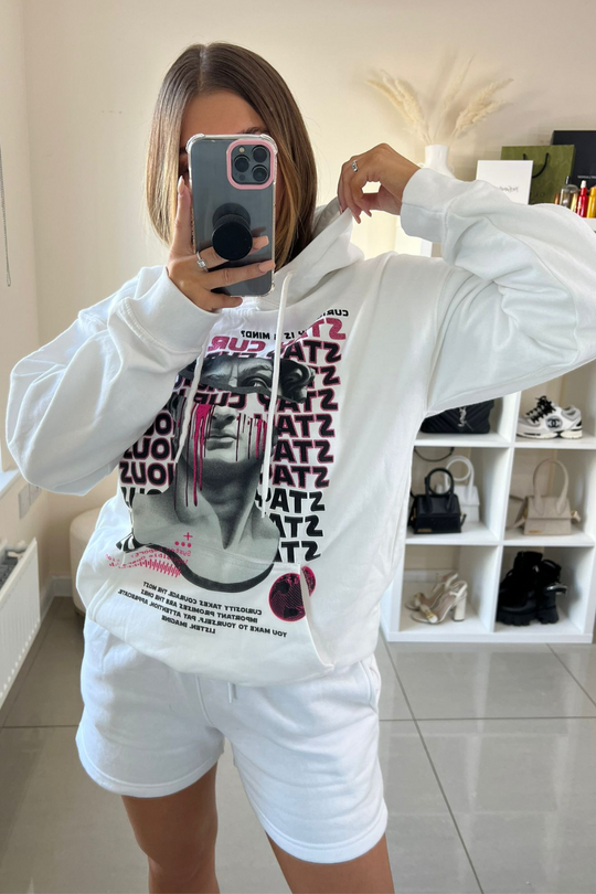 Stay curious white printed drawstring hoodie
