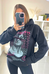 Stay curious black printed drawstring hoodie