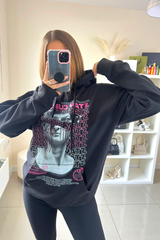 Stay curious black printed drawstring hoodie