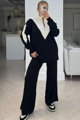 Ellis black & white long sleeve 1/4 zip neck loungewear set