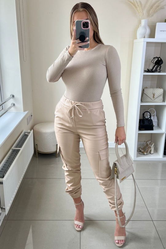 Lilly beige cuffed pu cargo trousers