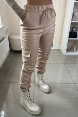 Lilly beige cuffed pu cargo trousers