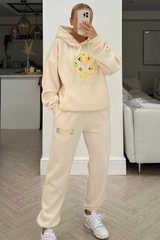 Smiley pattern ecru embroidered  hooded loungewear set