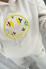 Smiley pattern ecru embroidered  hooded loungewear set
