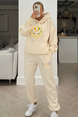 Smiley pattern ecru embroidered  hooded loungewear set