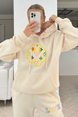 Smiley pattern ecru embroidered  hooded loungewear set