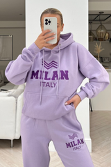 Milan Lilac Hooded embroidered loungewear set