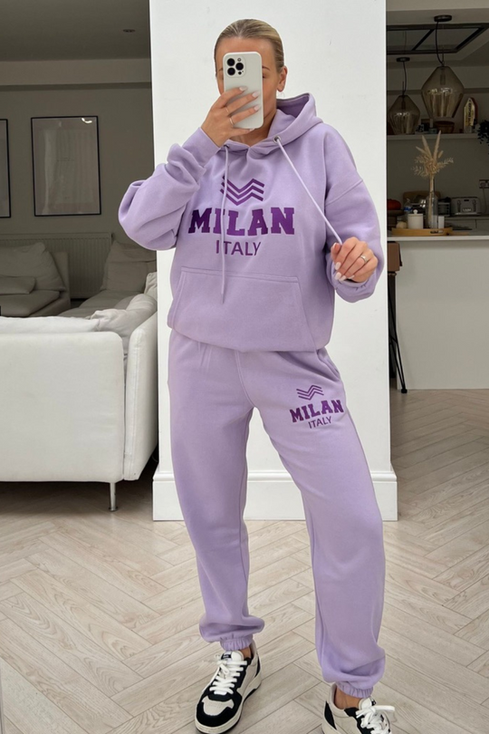 Milan Lilac Hooded embroidered loungewear set