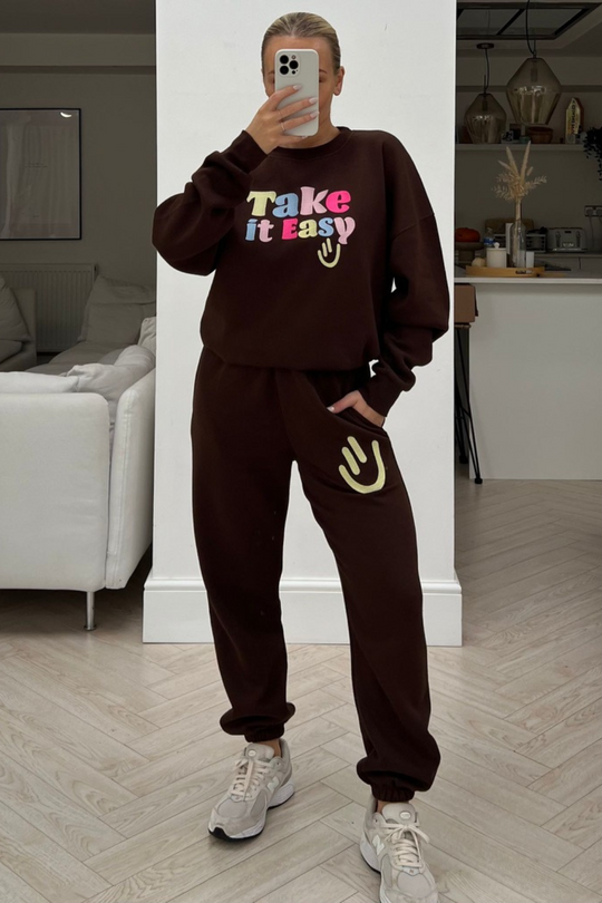 take it easy chocolate embroidered sweater loungewear set