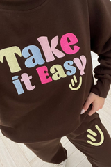 take it easy chocolate embroidered sweater loungewear set