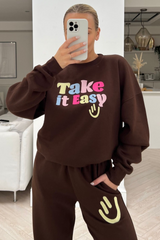 take it easy chocolate embroidered sweater loungewear set
