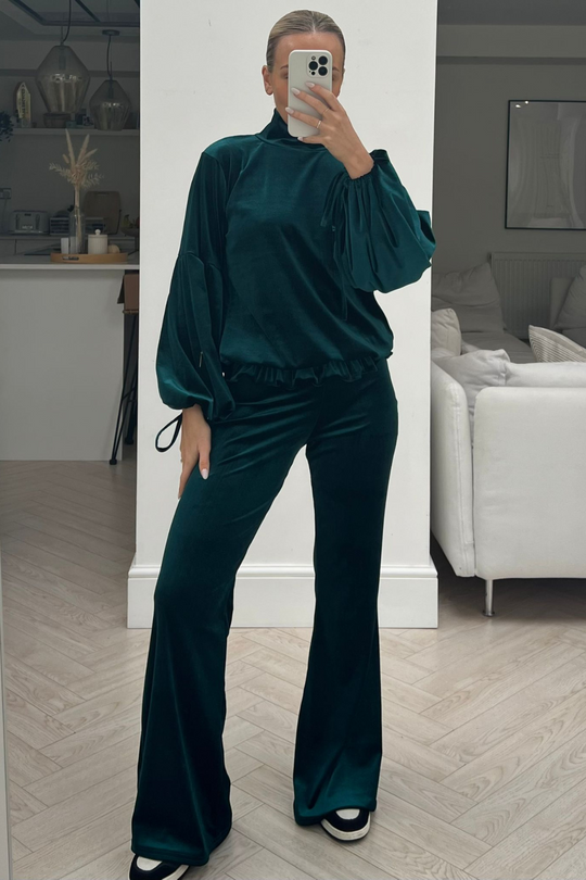Jessie green velour high neck tie sleeve flared loungewear set