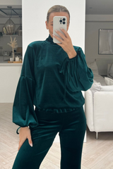 Jessie green velour high neck tie sleeve flared loungewear set