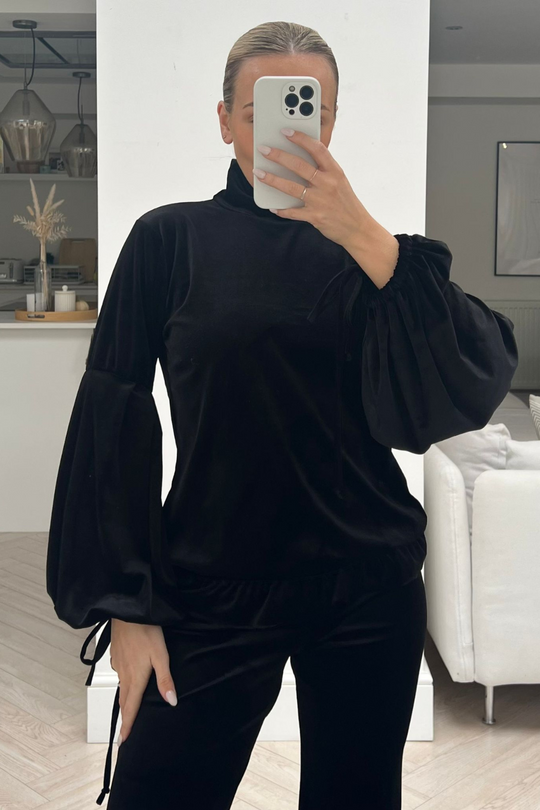 Jessie black velour high neck tie sleeve flared loungewear set