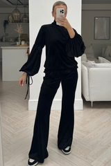 Jessie black velour high neck tie sleeve flared loungewear set