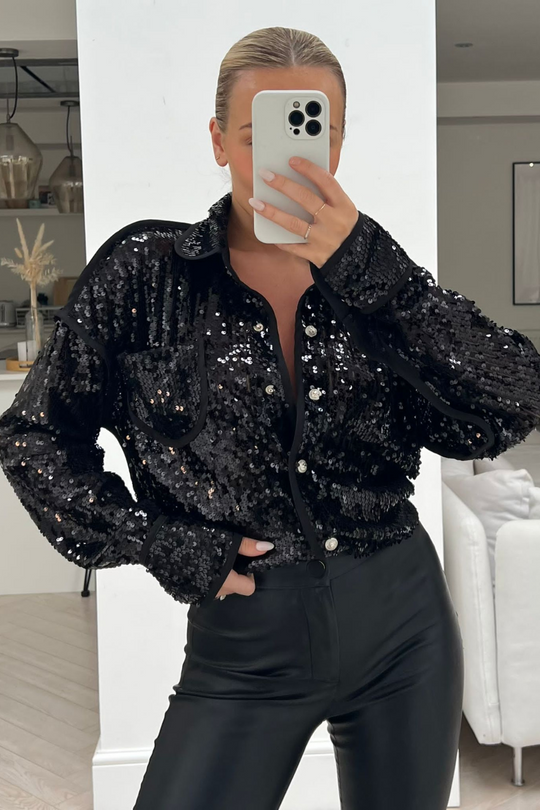 Melina black sequin button up shirt