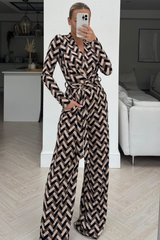 Scarlett Neutral chevron Long Sleeved Flared Leg jumpsuit